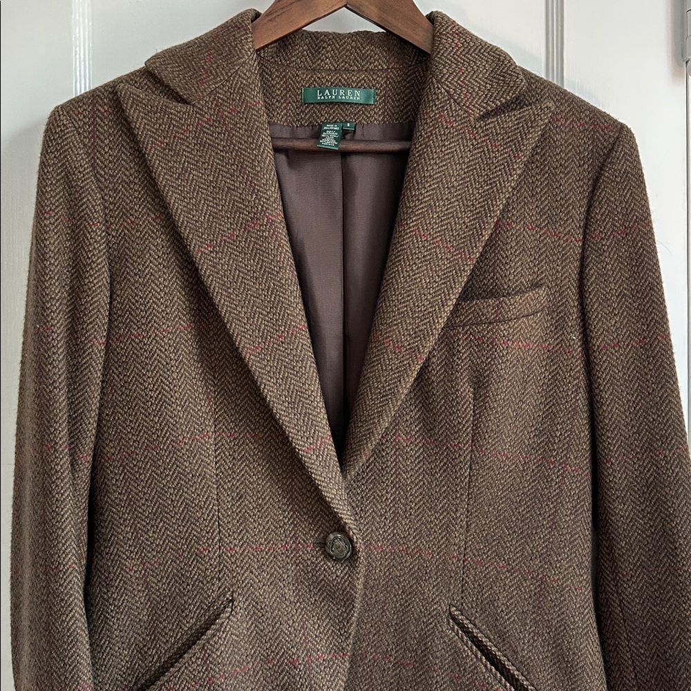 Lauren by Ralph Lauren 100% wool herringbone riding coat blazer size 8 EUC brown